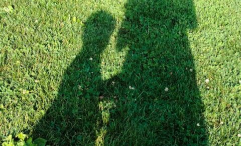 Shadows of a parent and child on the grass