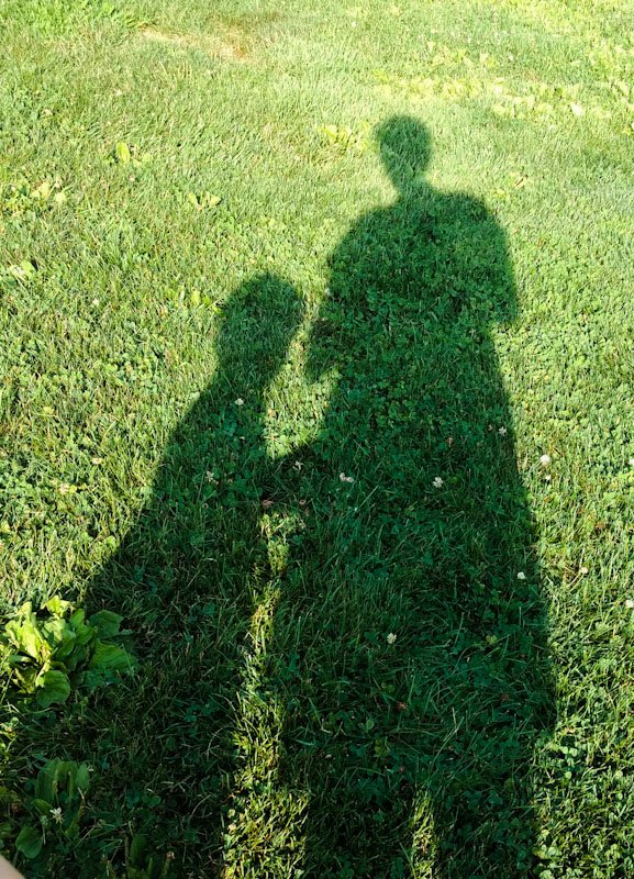 Shadows of a parent and child on the grass