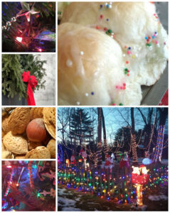 Holiday collage of Christmas lights, mixed nuts, and rolls with colored sprinkles.