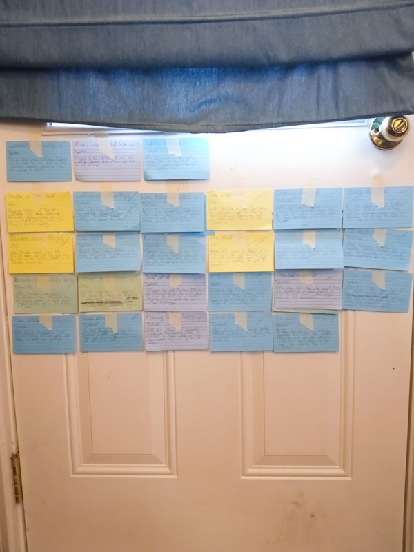 a mostly blue index card outline taped to an exterior door